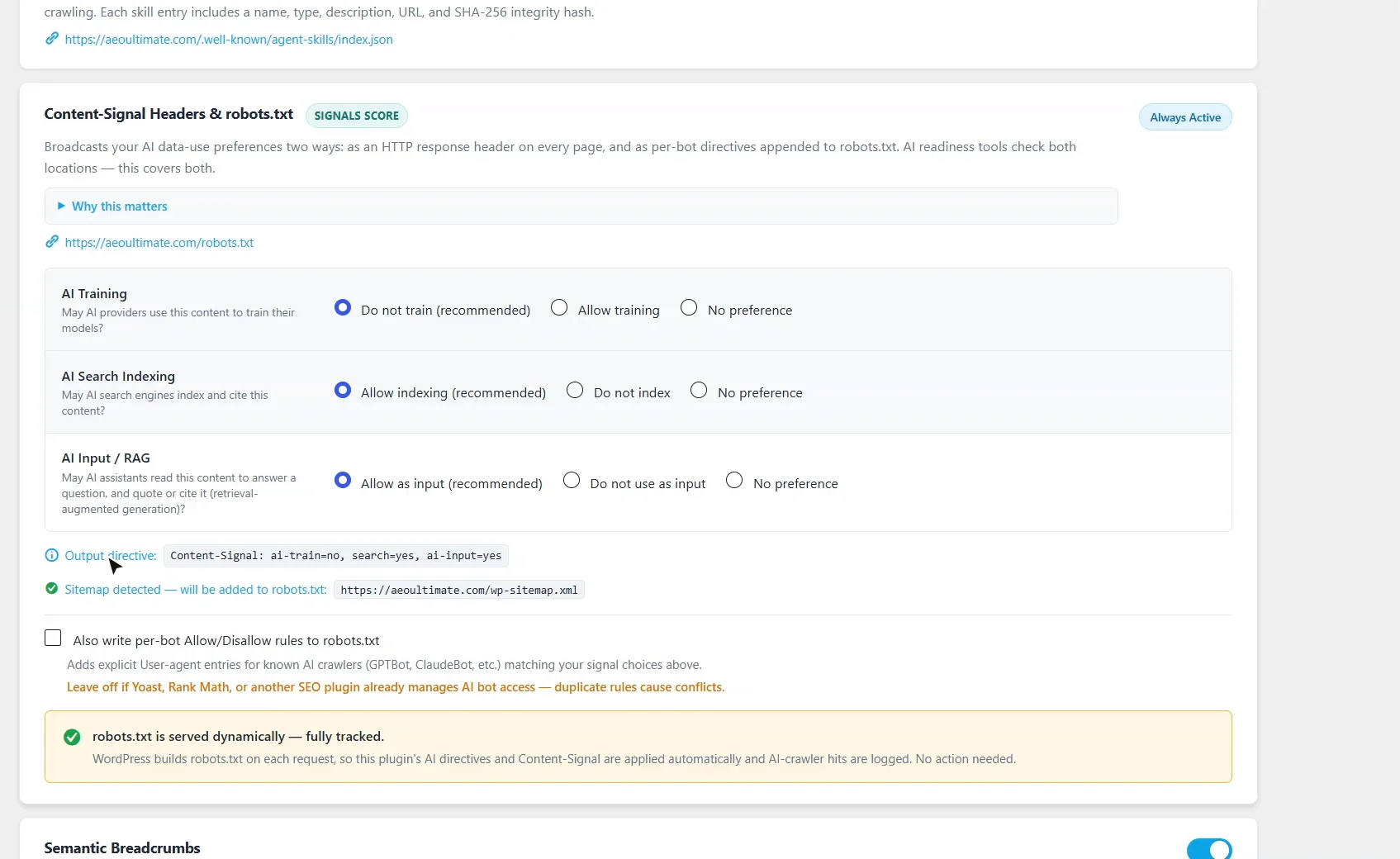 Content-Signal Headers and robots.txt settings: AI training set to do not train, AI search indexing allowed, AI input allowed, giving the directive Content-Signal: ai-train=no, search=yes, ai-input=yes