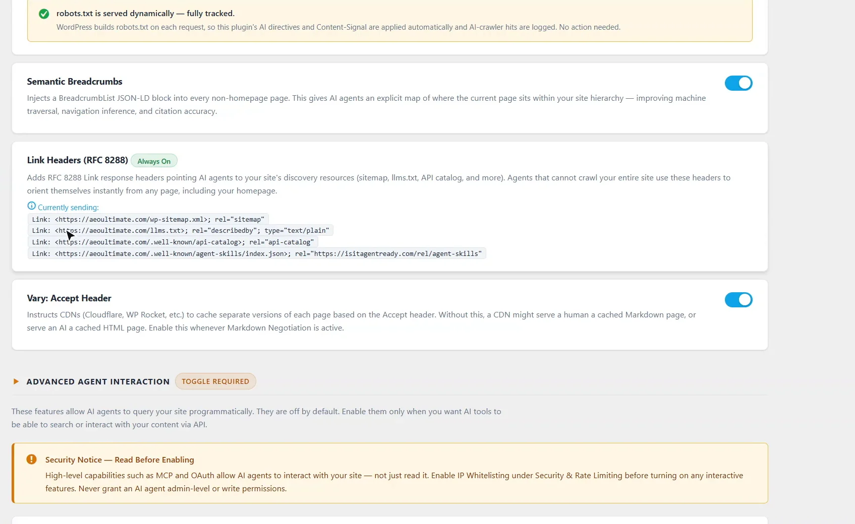 Semantic Breadcrumbs switched on, Link Headers (RFC 8288) always on and currently sending links to the sitemap, llms.txt, the API catalog and the agent skills index, and Vary: Accept switched on