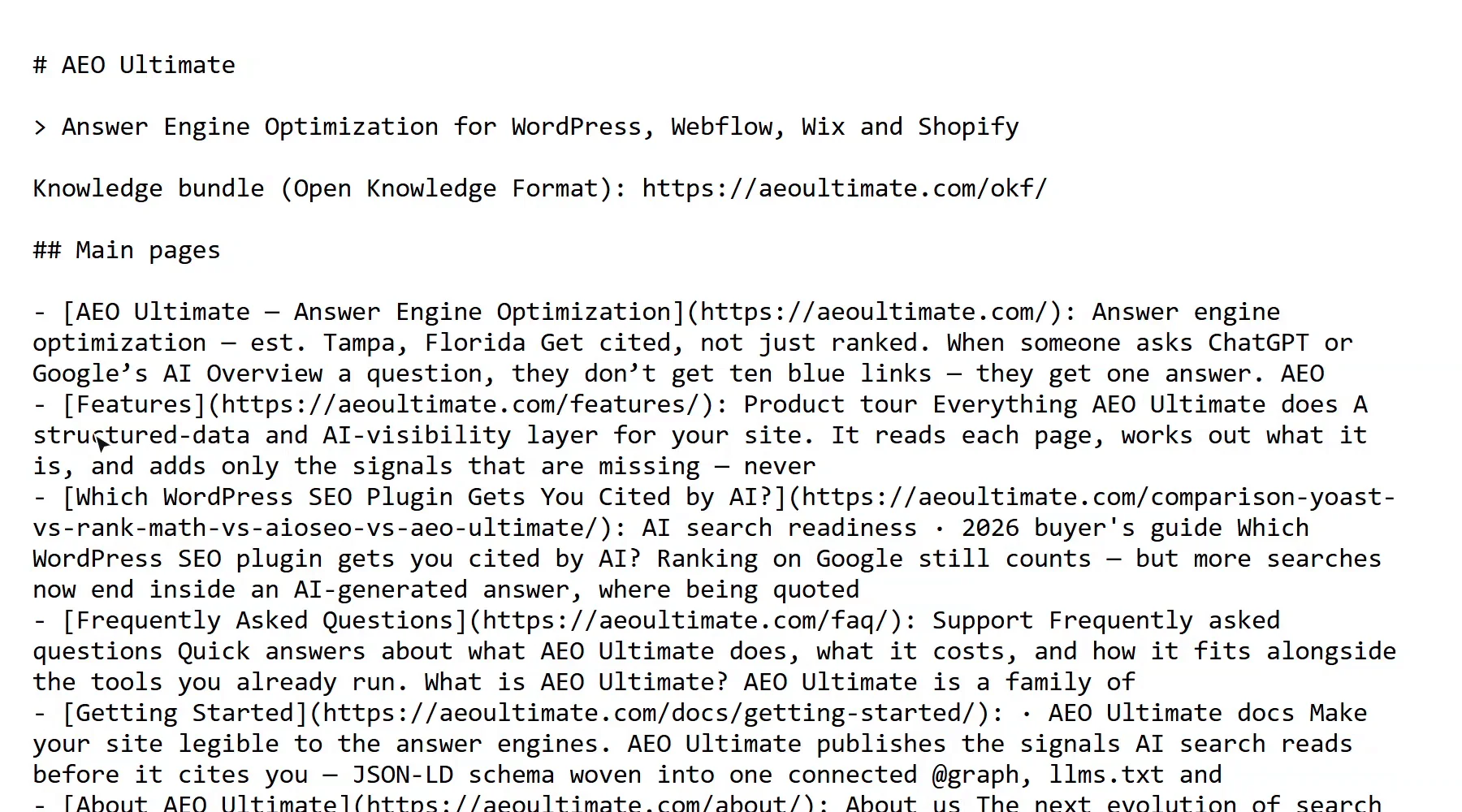 aeoultimate.com/llms.txt: the site name and tagline, a link to the knowledge bundle, then a Main pages section listing the home page, Features, the plugin comparison, FAQ, Getting Started and About, each with a short excerpt