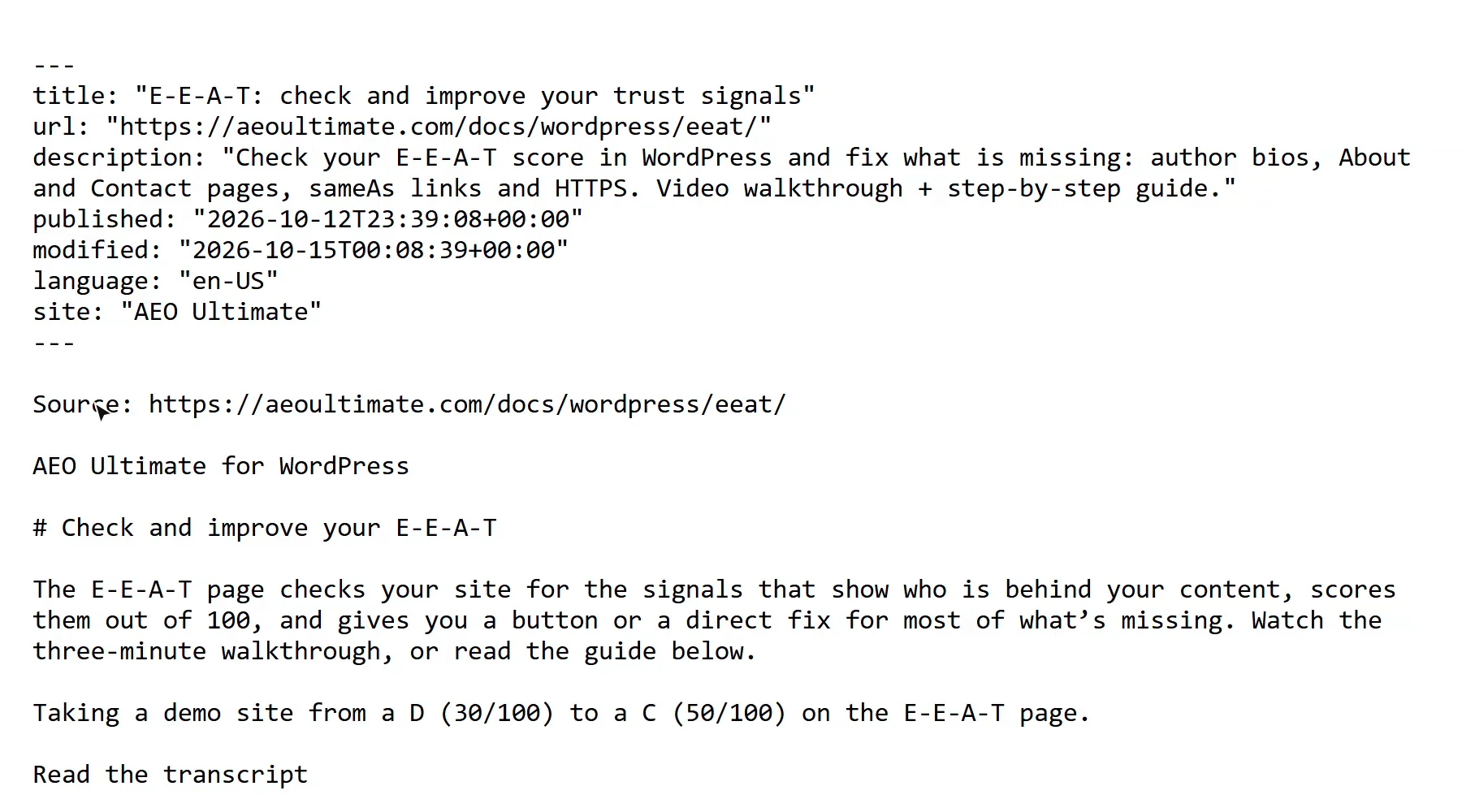 The E-E-A-T guide served as Markdown at its .md address: a header with title, url, description, published and modified dates, language and site, then the source address and the page text