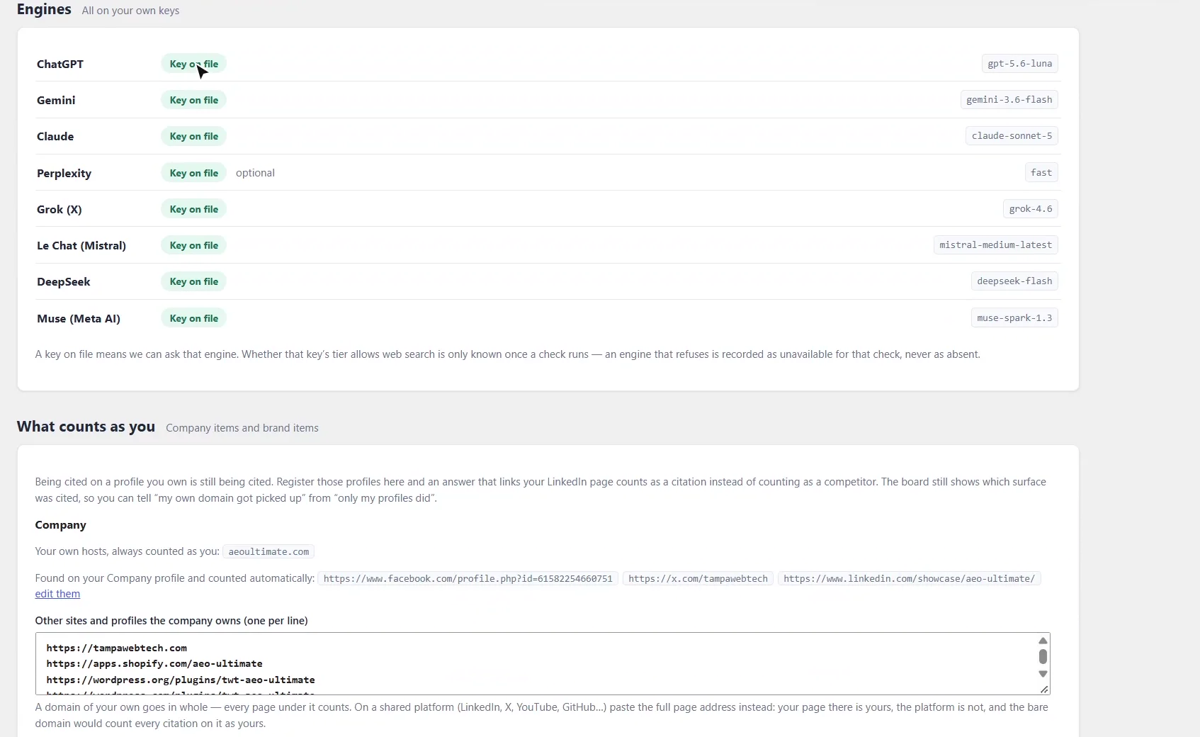 AEO Ultimate AI Visibility engines list showing ChatGPT, Gemini, Claude, Perplexity, Grok, Le Chat, DeepSeek and Muse, each with an API key on file and its model