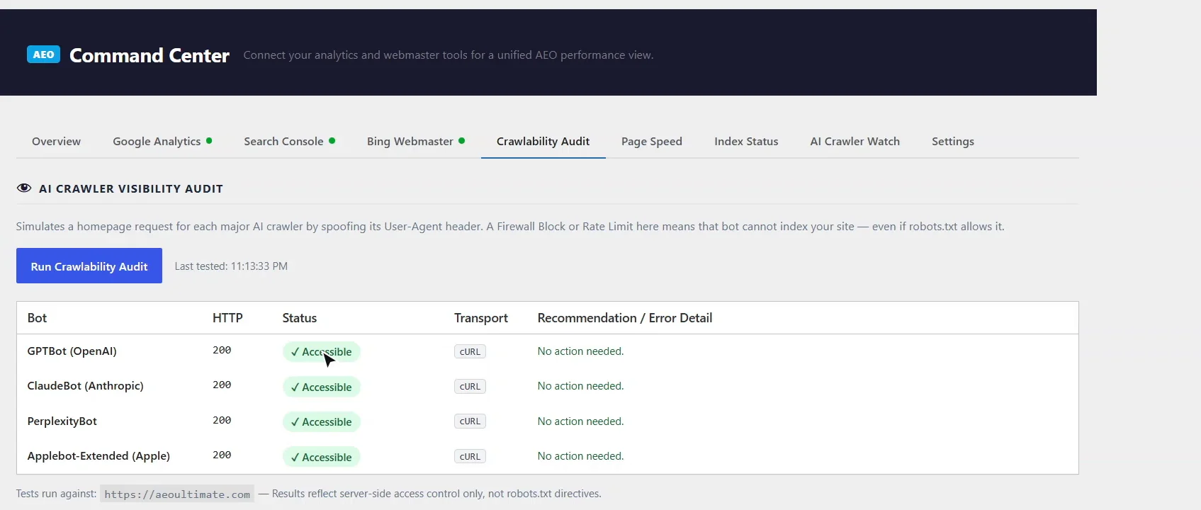 Crawlability Audit: GPTBot, ClaudeBot, PerplexityBot and Applebot-Extended each requested the home page and got HTTP 200, Accessible, no action needed