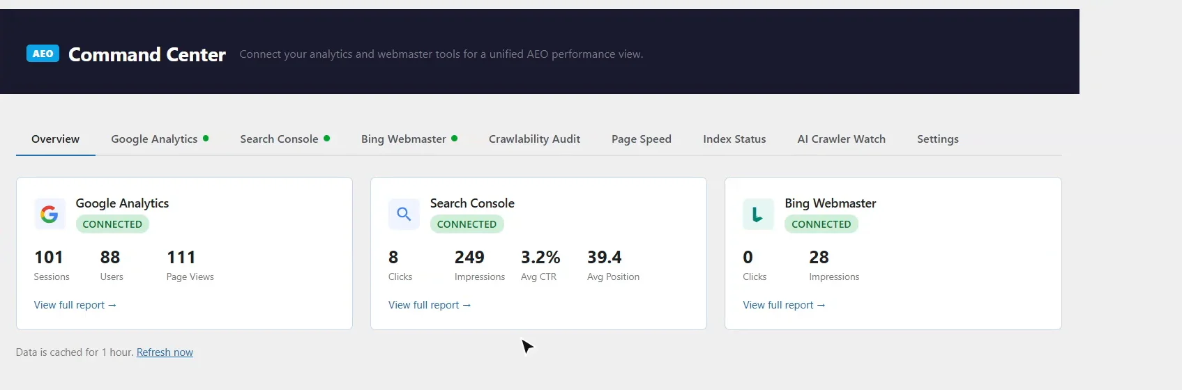 AEO Ultimate Command Center overview in WordPress: Google Analytics, Search Console and Bing Webmaster cards, each connected, with sessions, users, page views, clicks, impressions, click-through rate and average position, and tabs for every report