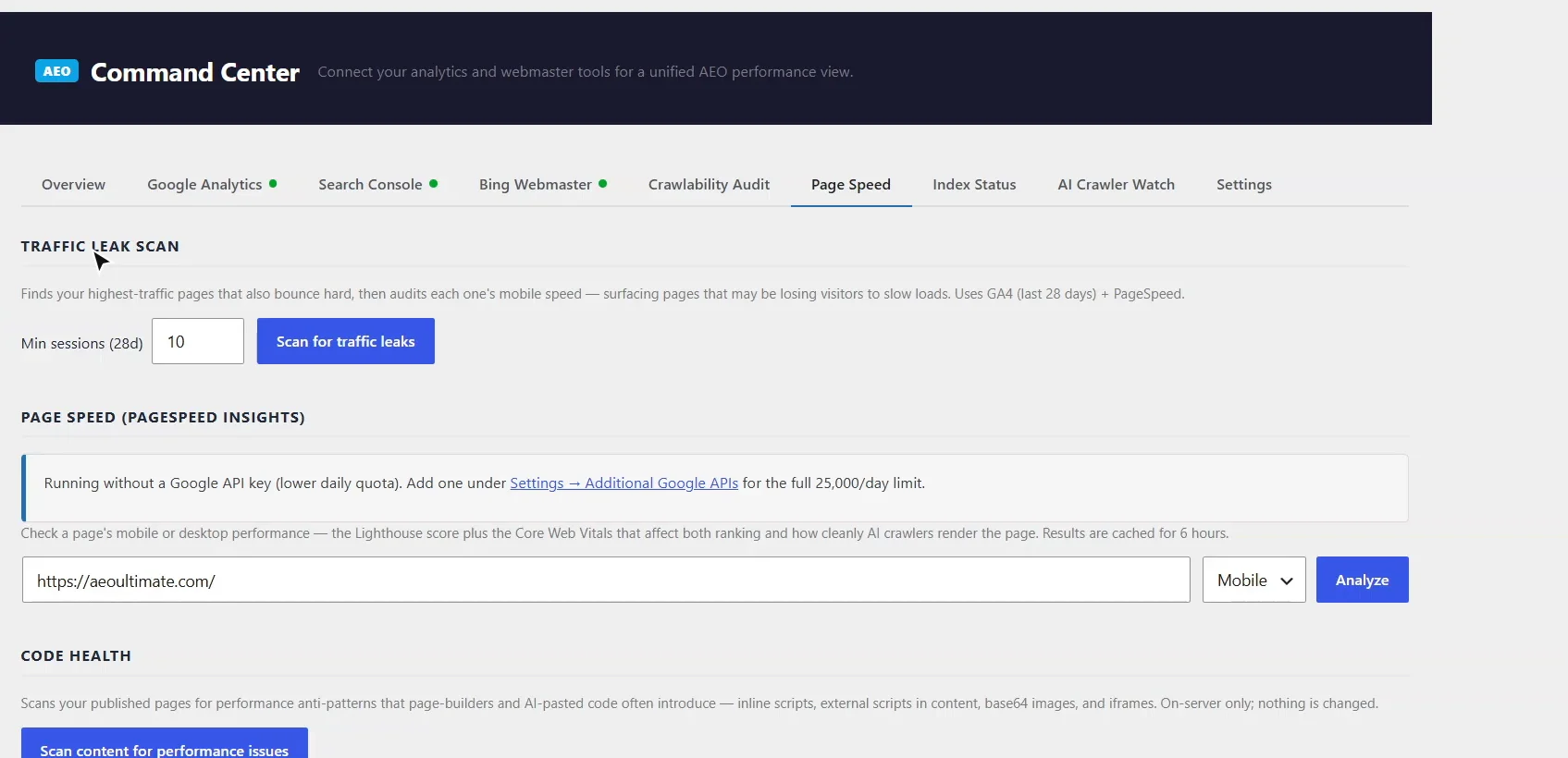 Page Speed tab: Traffic Leak Scan with a minimum sessions setting, PageSpeed Insights for a page address on mobile or desktop, and Code Health, which scans content for performance anti-patterns