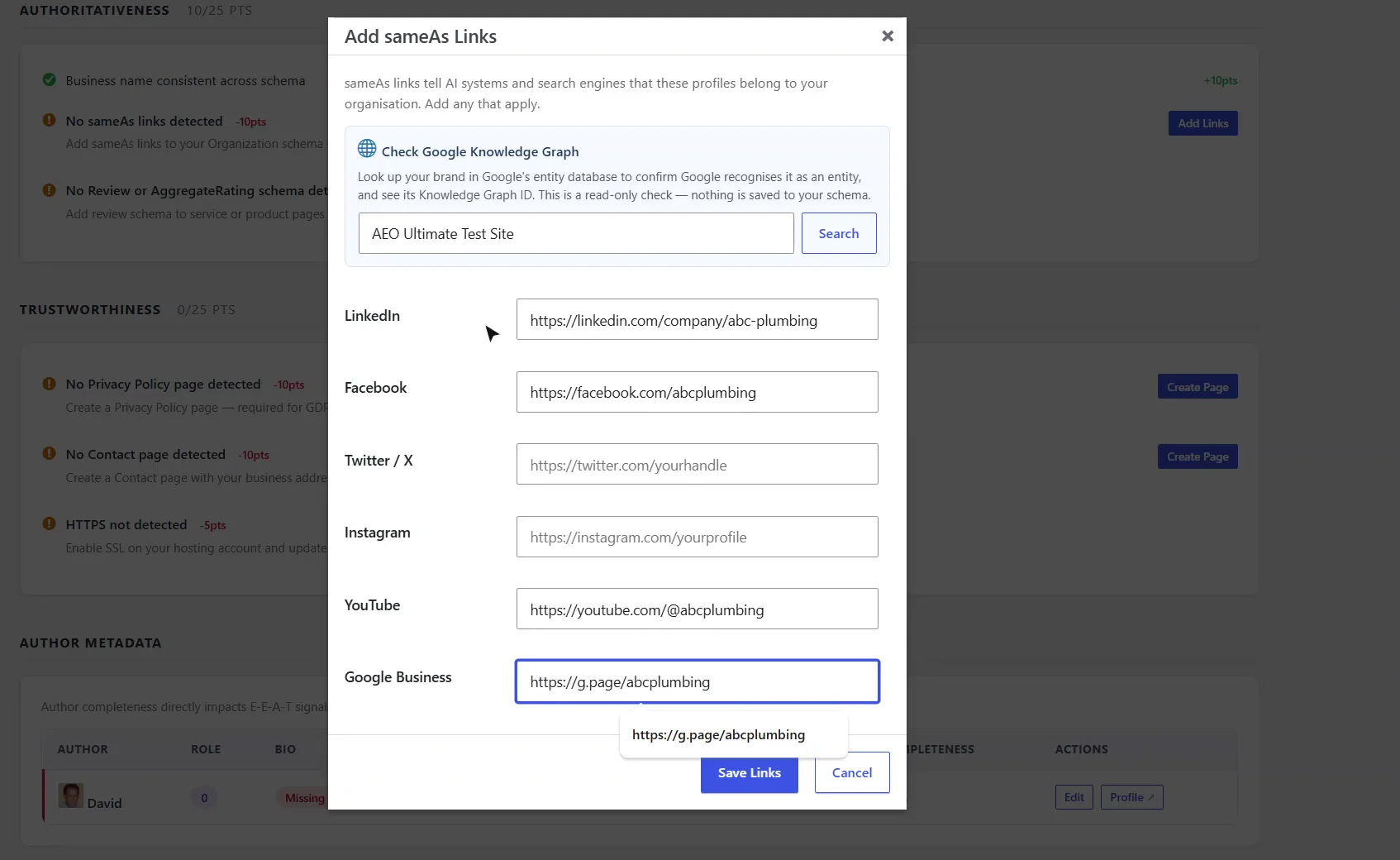 Add sameAs Links window in AEO Ultimate with LinkedIn, Facebook, YouTube and Google Business profile URLs filled in