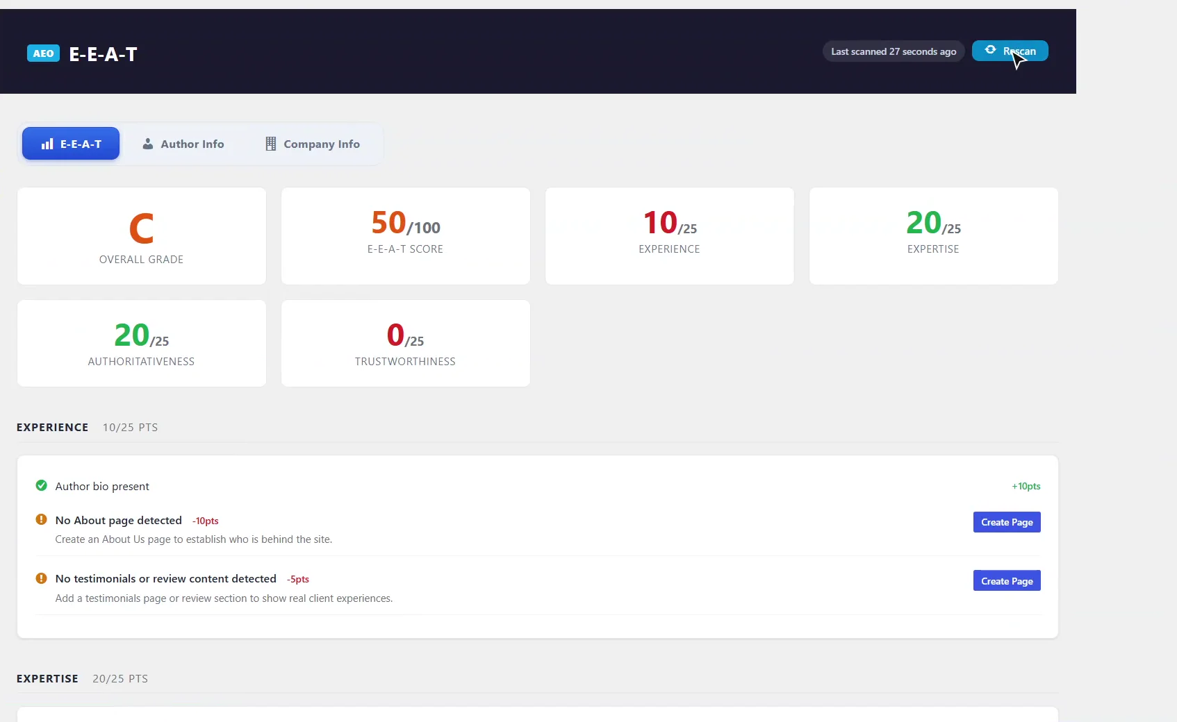 AEO Ultimate E-E-A-T scorecard after a rescan showing an overall grade of C and a score of 50 out of 100