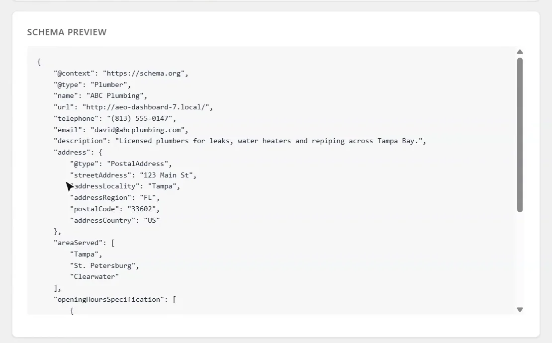 AEO Ultimate Local Pack schema preview showing LocalBusiness JSON-LD with the type Plumber, address, phone number and areas served