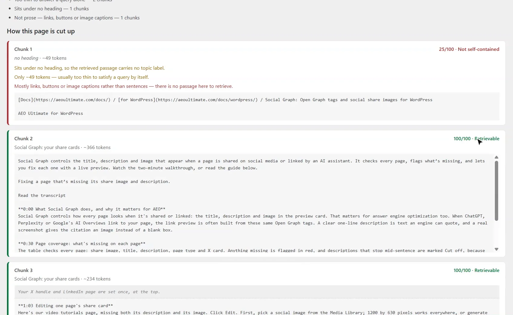 Chunk View for the Social Graph guide: chunk 1, a breadcrumb with no heading, scored 25 out of 100 and flagged as too thin and not prose, then chunks 2 and 3 under the page heading scored 100 out of 100, Retrievable