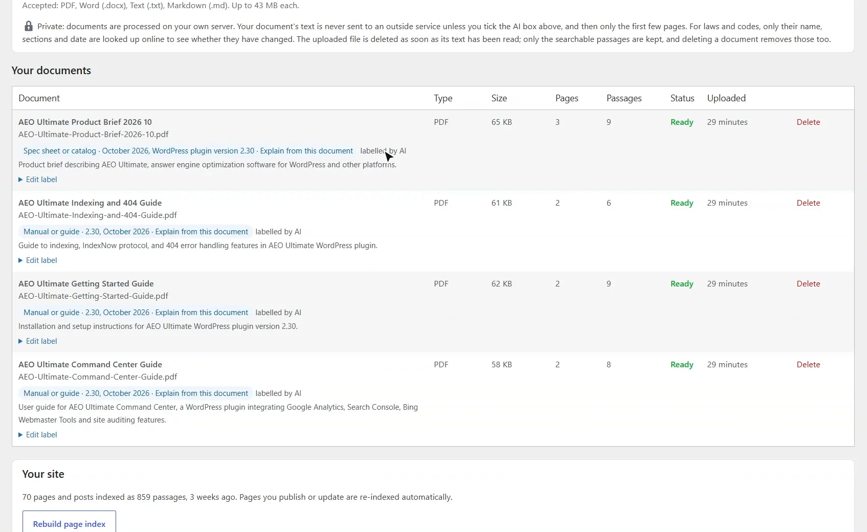 RAG Engine Documents tab listing four uploaded PDF guides, each labelled by AI as a spec sheet or a manual, with its edition, a one-line summary, page and passage counts and a Ready status