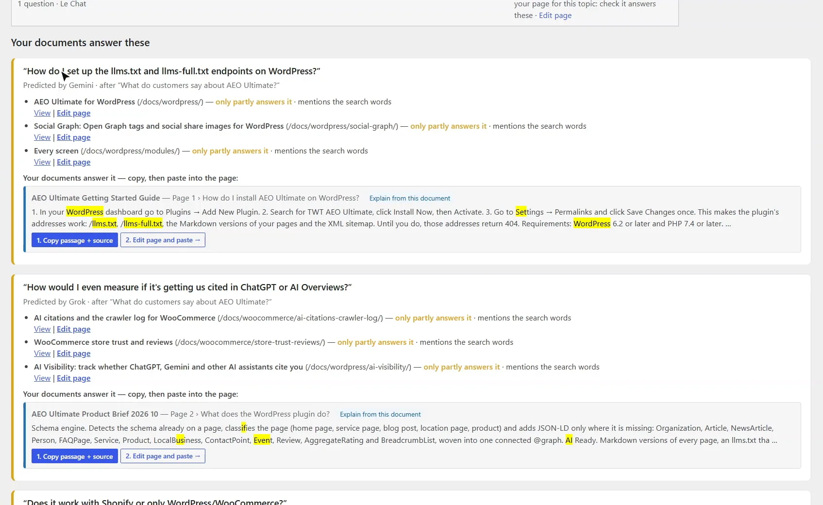 Next questions: follow-up questions predicted by Gemini and Grok, such as how to set up llms.txt on WordPress, each with the closest pages on the site and the document passage that answers it, with Copy passage and Edit page buttons