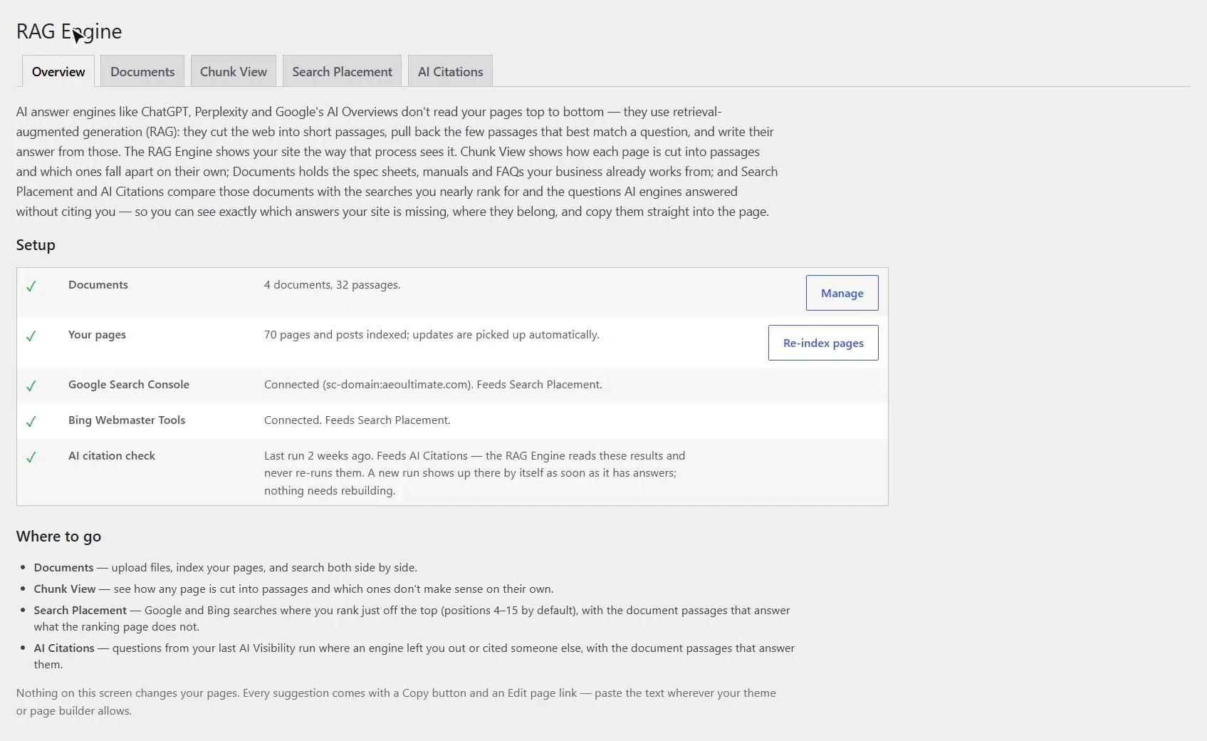AEO Ultimate RAG Engine Overview tab in WordPress: a setup checklist showing 4 documents with 32 passages, 70 pages indexed, Google Search Console and Bing Webmaster Tools connected, and the last AI citation check, with tabs for Documents, Chunk View, Search Placement and AI Citations