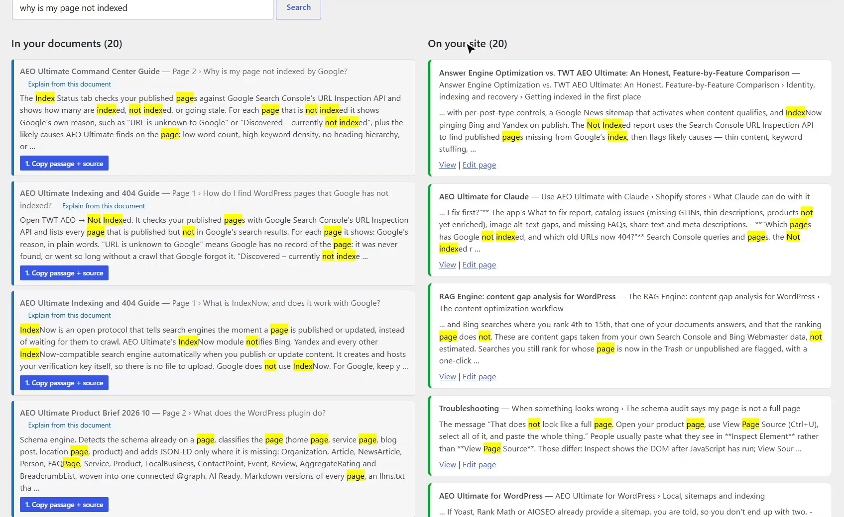 RAG Engine search for "why is my page not indexed" with results side by side: passages from the uploaded documents on the left, led by the Command Center guide section "Why is my page not indexed by Google?", and pages from the site on the right