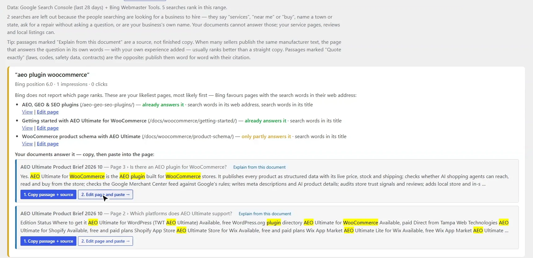 Search Placement for the Bing search "aeo plugin woocommerce" at position 6: the three likeliest ranking pages with how well each answers it, and the product brief passage "Is there an AEO plugin for WooCommerce?" with Copy passage and Edit page buttons