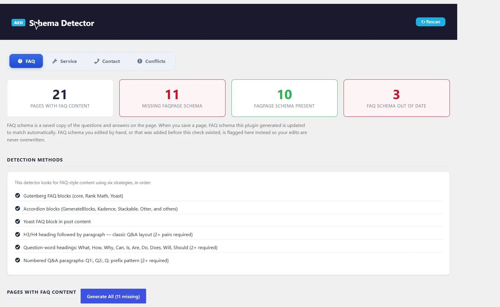 AEO Ultimate Schema Detector FAQ tab showing 21 pages with FAQ content, 11 missing FAQPage schema, 10 with schema and 3 out of date, plus the six detection methods