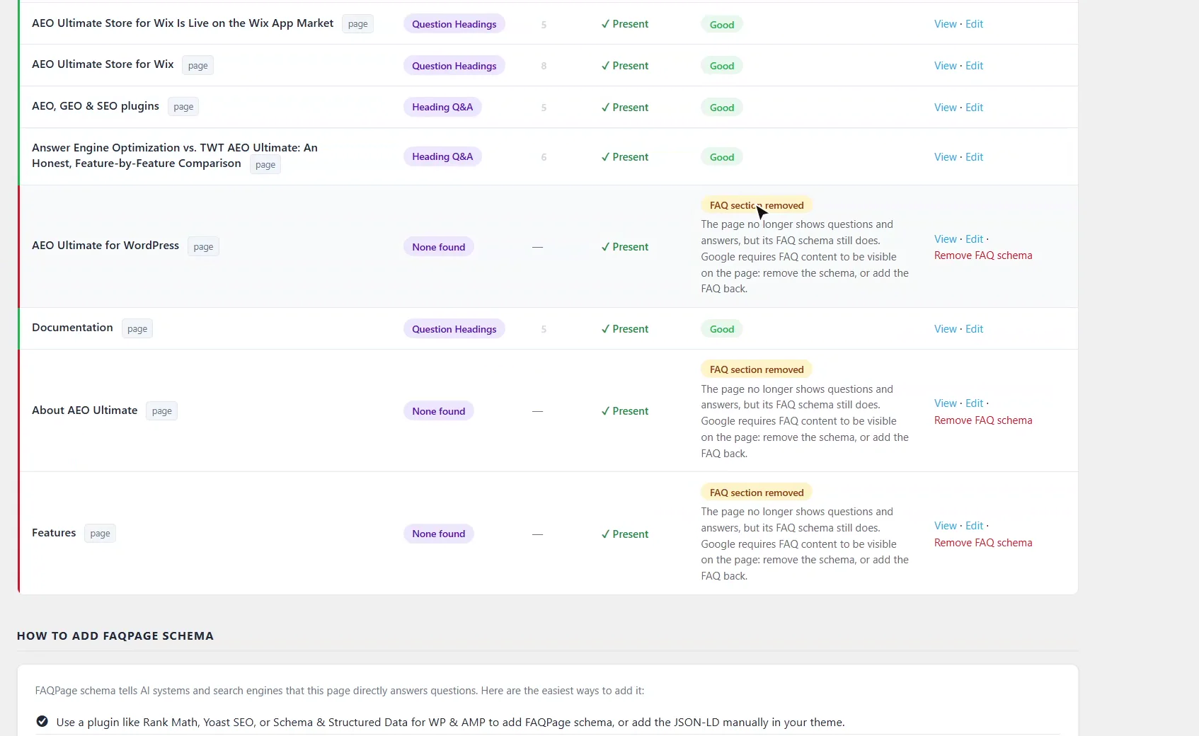 AEO Ultimate Schema Detector flagging pages whose FAQ section was removed while their FAQ schema remains, with a Remove FAQ schema action