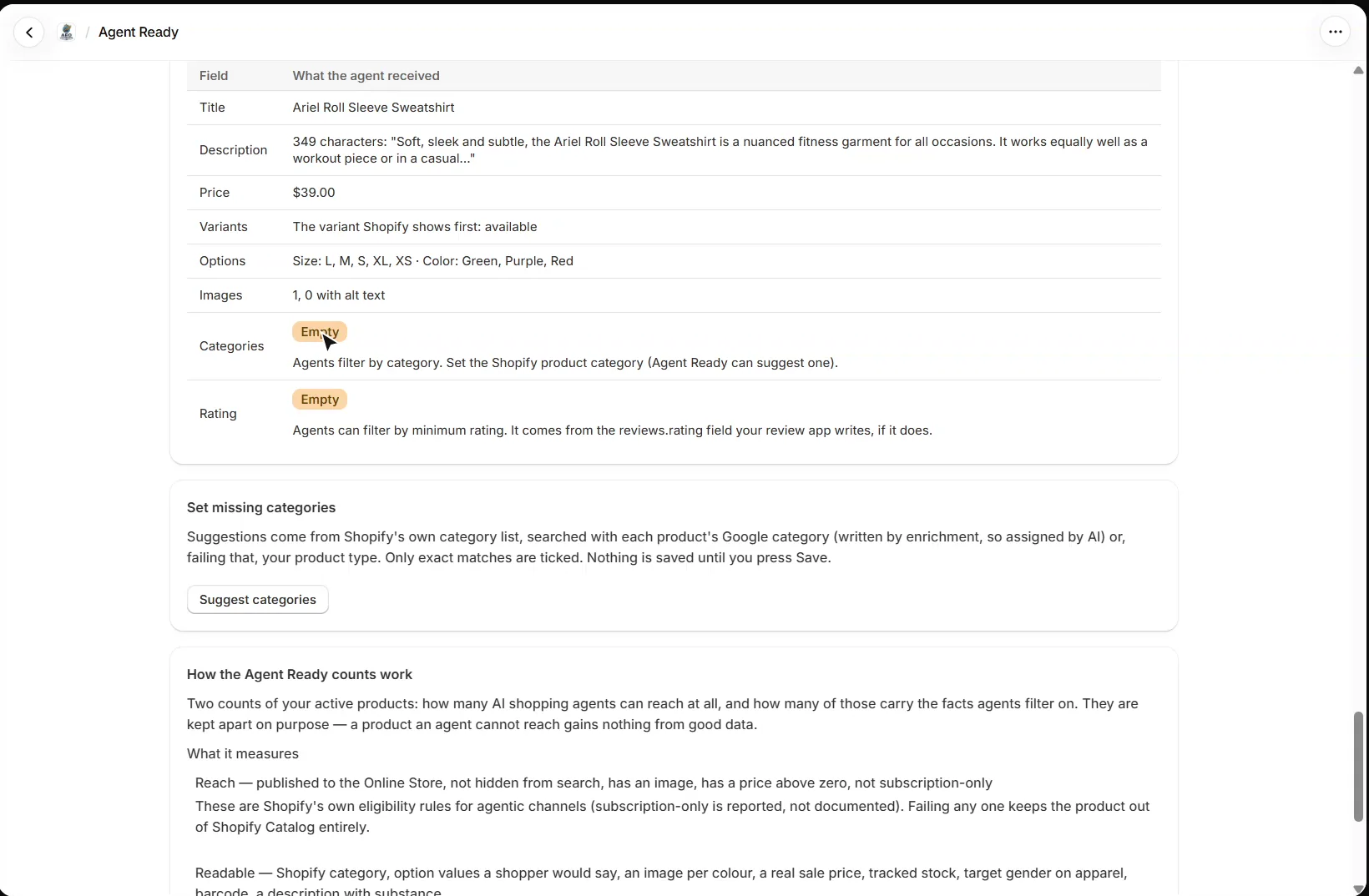 AEO Ultimate for Shopify What an agent sees table for one product: title, description length, price, variants, options, images with alt text, and category and rating flagged as empty