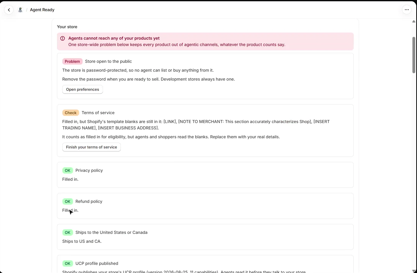 AEO Ultimate for Shopify Agent Ready store checks: storefront password flagged as a problem, terms of service with template placeholders flagged, privacy and refund policies and US or Canada shipping passing