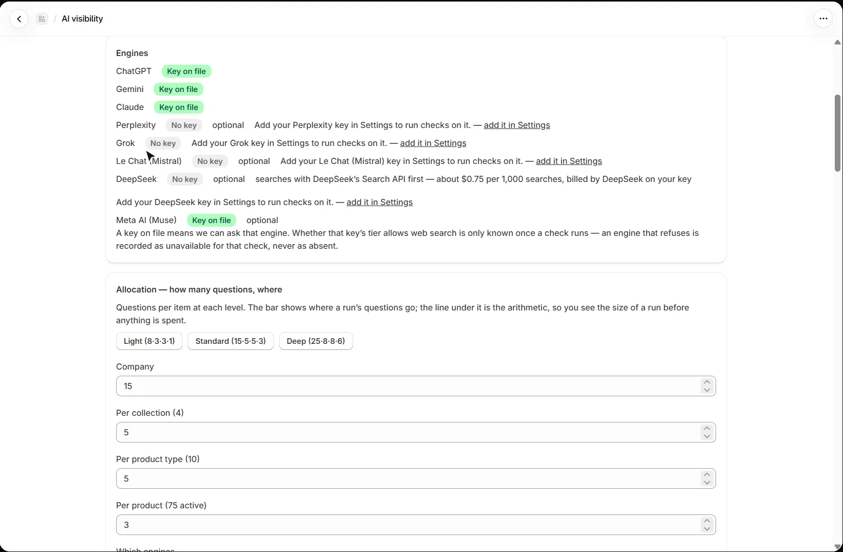 AEO Ultimate for Shopify AI visibility allocation: Light, Standard and Deep presets and the number of questions per company, collection, product type and product