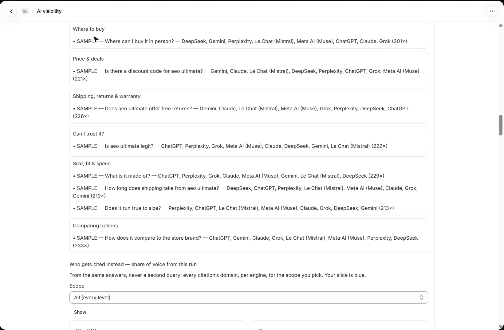 AEO Ultimate for Shopify What shoppers ask next, from the sample run: follow-up questions grouped as where to buy, price and deals, shipping and returns, can I trust it, size and specs, and comparing options