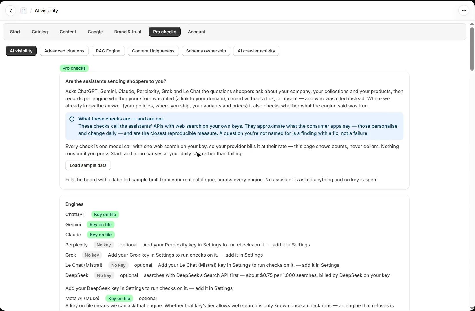 AEO Ultimate for Shopify AI visibility page: what the checks do and are not, the Load sample data button, and the Engines list with the key status of ChatGPT, Gemini, Claude, Perplexity, Grok, Le Chat, DeepSeek and Meta AI
