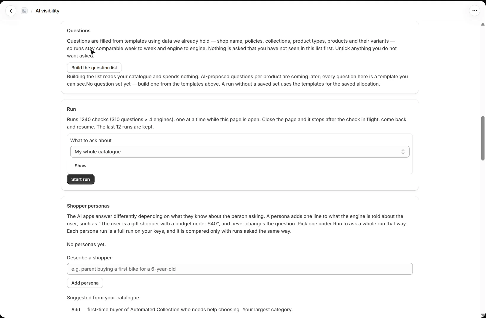 AEO Ultimate for Shopify AI visibility: the Questions builder, the Run section with what to ask about and Start run, and Shopper personas with suggestions from the catalogue
