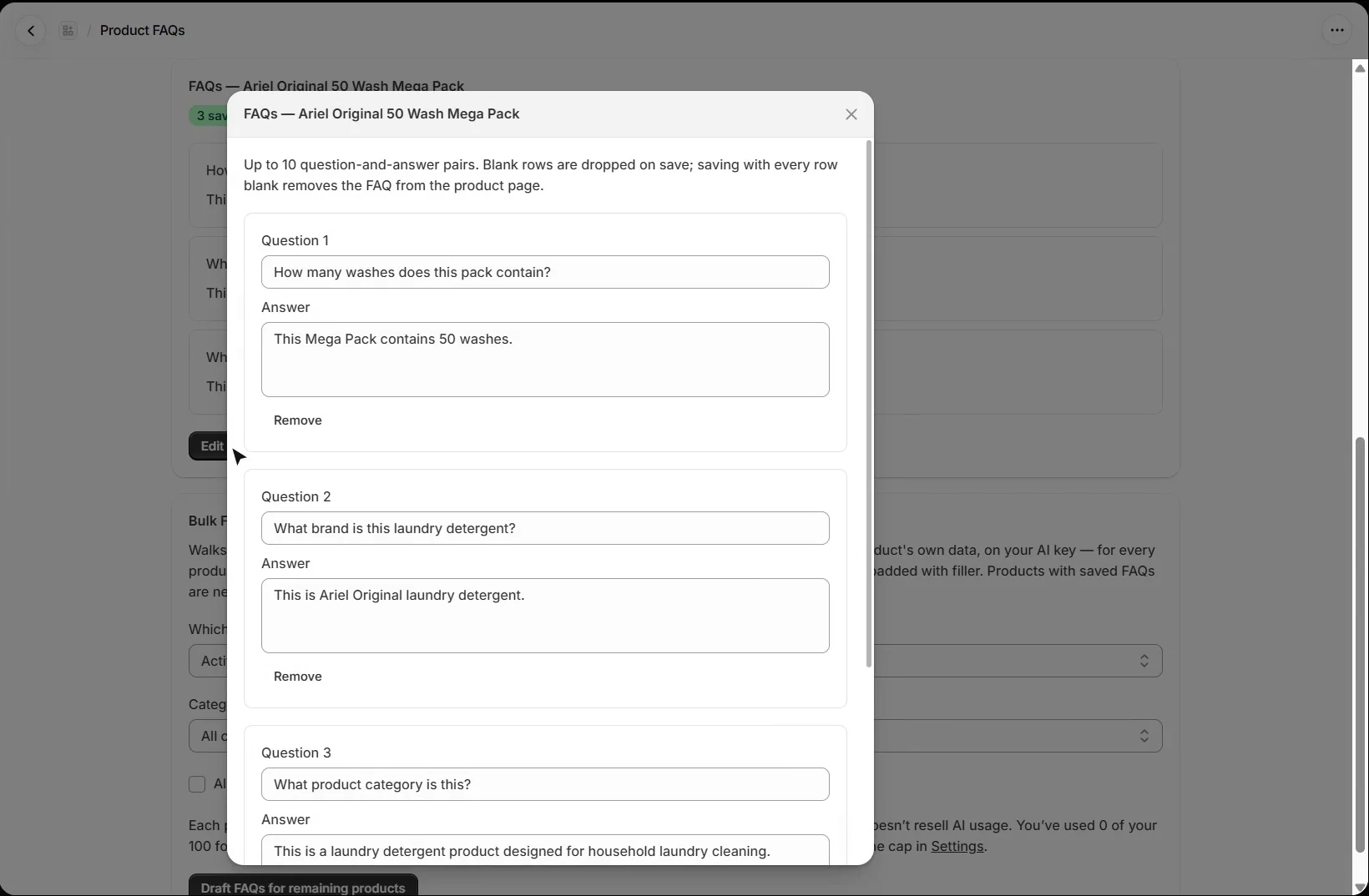 AEO Ultimate for Shopify FAQ editor for one product: up to 10 question-and-answer pairs, each with a question field, an answer box and a Remove button