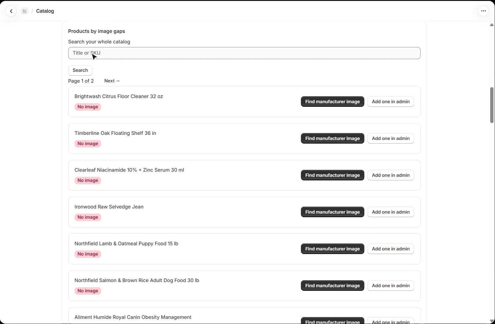 AEO Ultimate for Shopify Products by image gaps list: products flagged No image, each with a Find manufacturer image button and an Add one in admin button