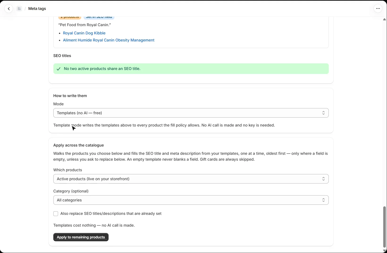 AEO Ultimate for Shopify Meta tags: How to write them set to Templates (no AI, free), and Apply across the catalogue with product scope, category, the replace checkbox and the Apply to remaining products button