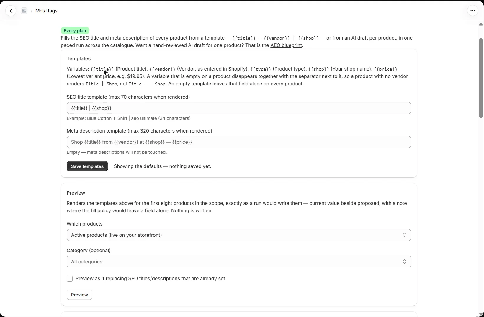 AEO Ultimate for Shopify Meta tags page: the Templates section listing the title, vendor, type, shop and price variables, an SEO title template of title and shop name, and an empty meta description template