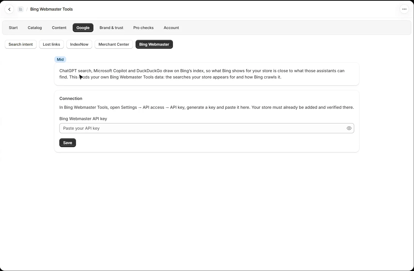 AEO Ultimate for Shopify Bing Webmaster Tools page with the Bing Webmaster API key field and Save button
