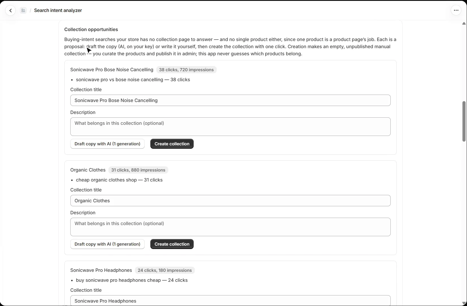 AEO Ultimate for Shopify Collection opportunities: buying-intent searches with no collection page, each with a proposed collection title, a description box, Draft copy with AI and Create collection buttons