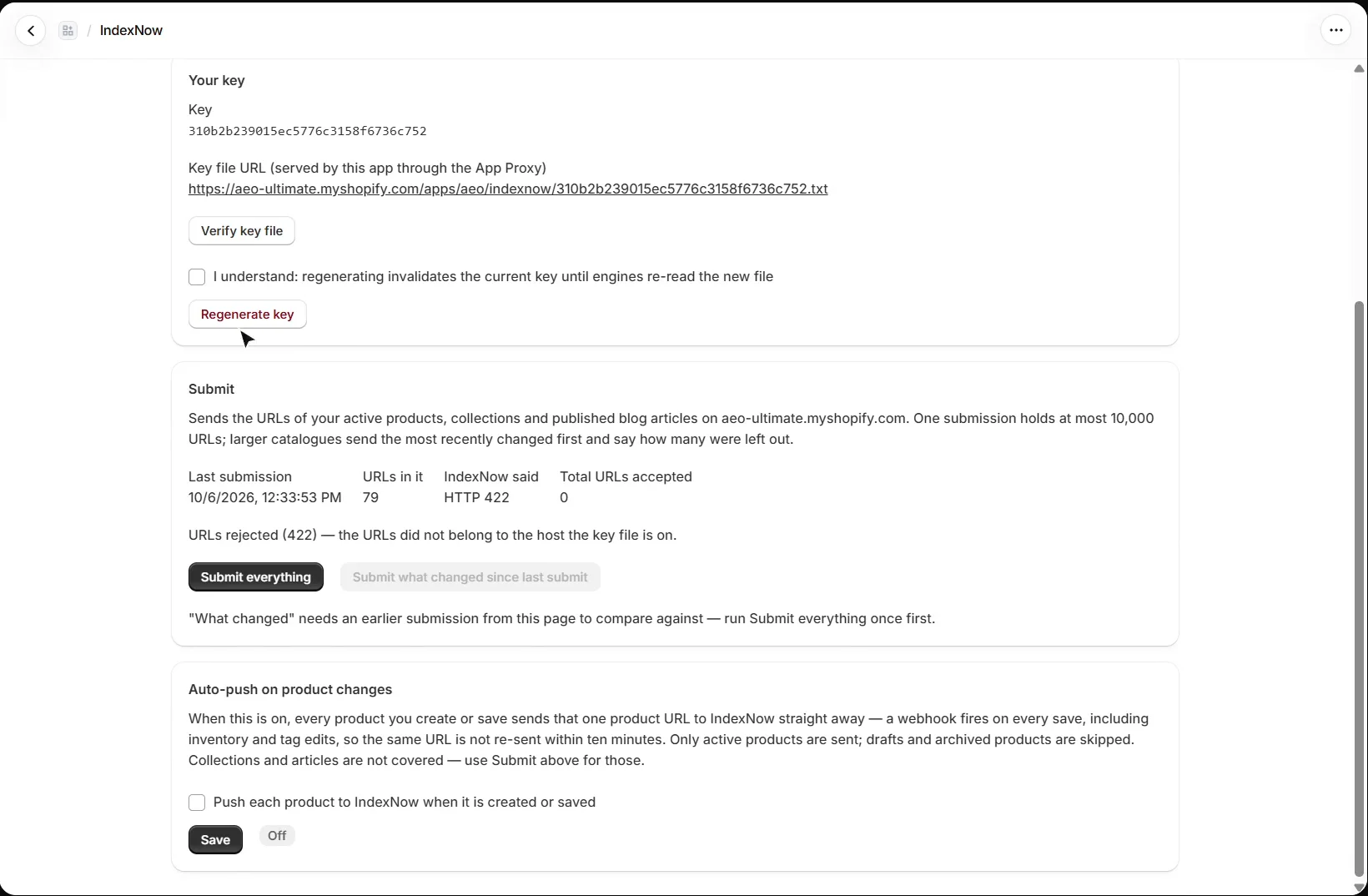 AEO Ultimate for Shopify IndexNow page: the key and key file URL, the Submit section with Submit everything, and Auto-push on product changes