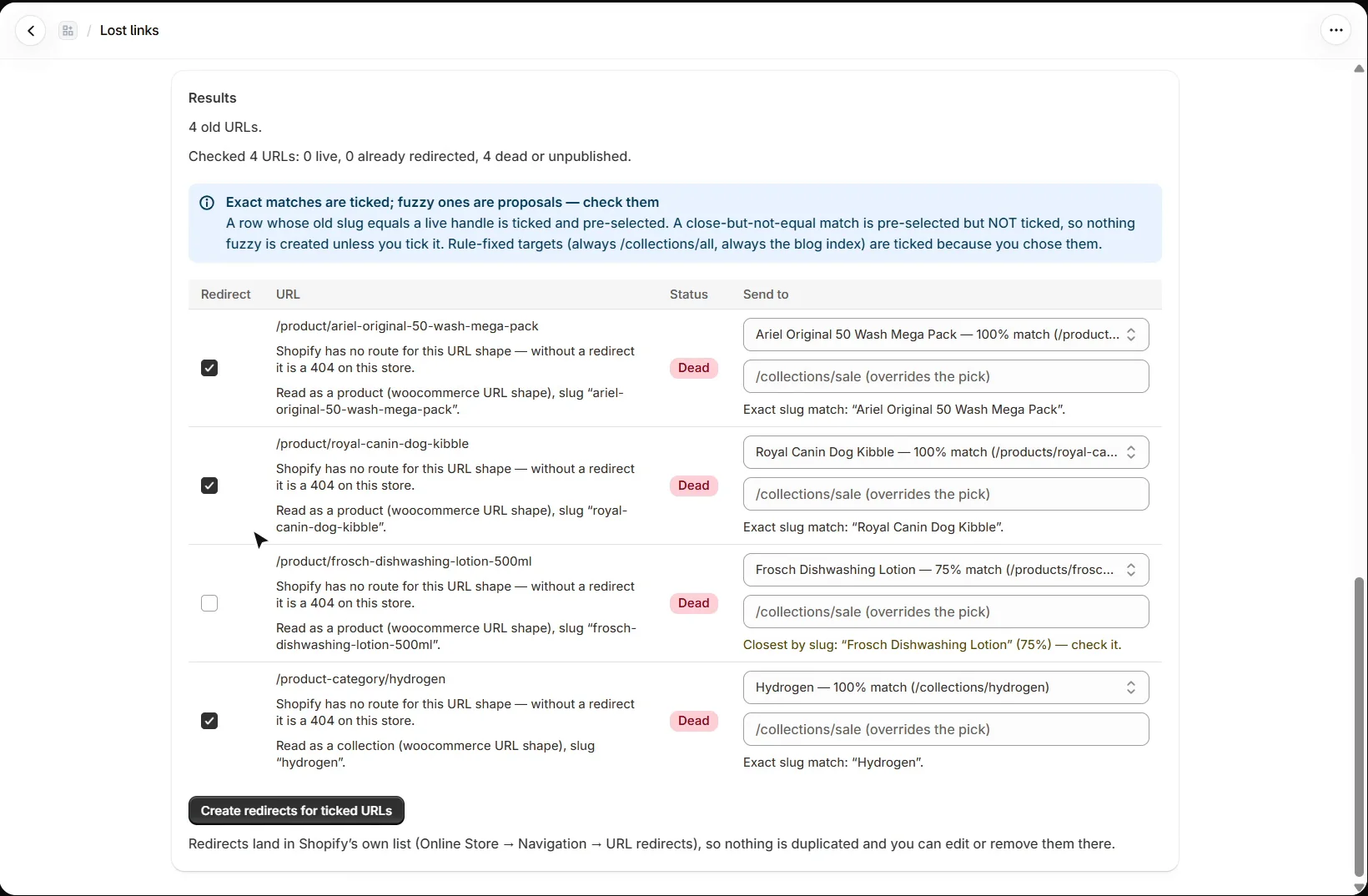 AEO Ultimate for Shopify migration results: four dead old URLs, three exact 100% matches ticked, and Frosch Dishwashing Lotion as a 75% close match left unticked, with the Create redirects for ticked URLs button