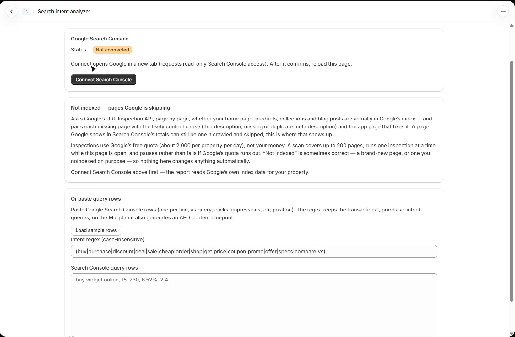 AEO Ultimate for Shopify Search intent analyzer: Google Search Console not connected with a Connect Search Console button, the Not indexed report description, and the box to paste query rows