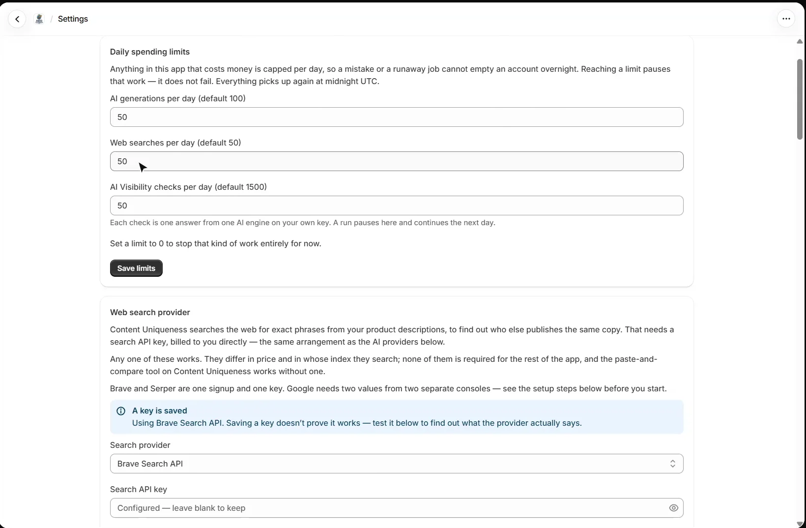 AEO Ultimate for Shopify Settings screen with daily limits for AI generations, web searches and AI visibility checks