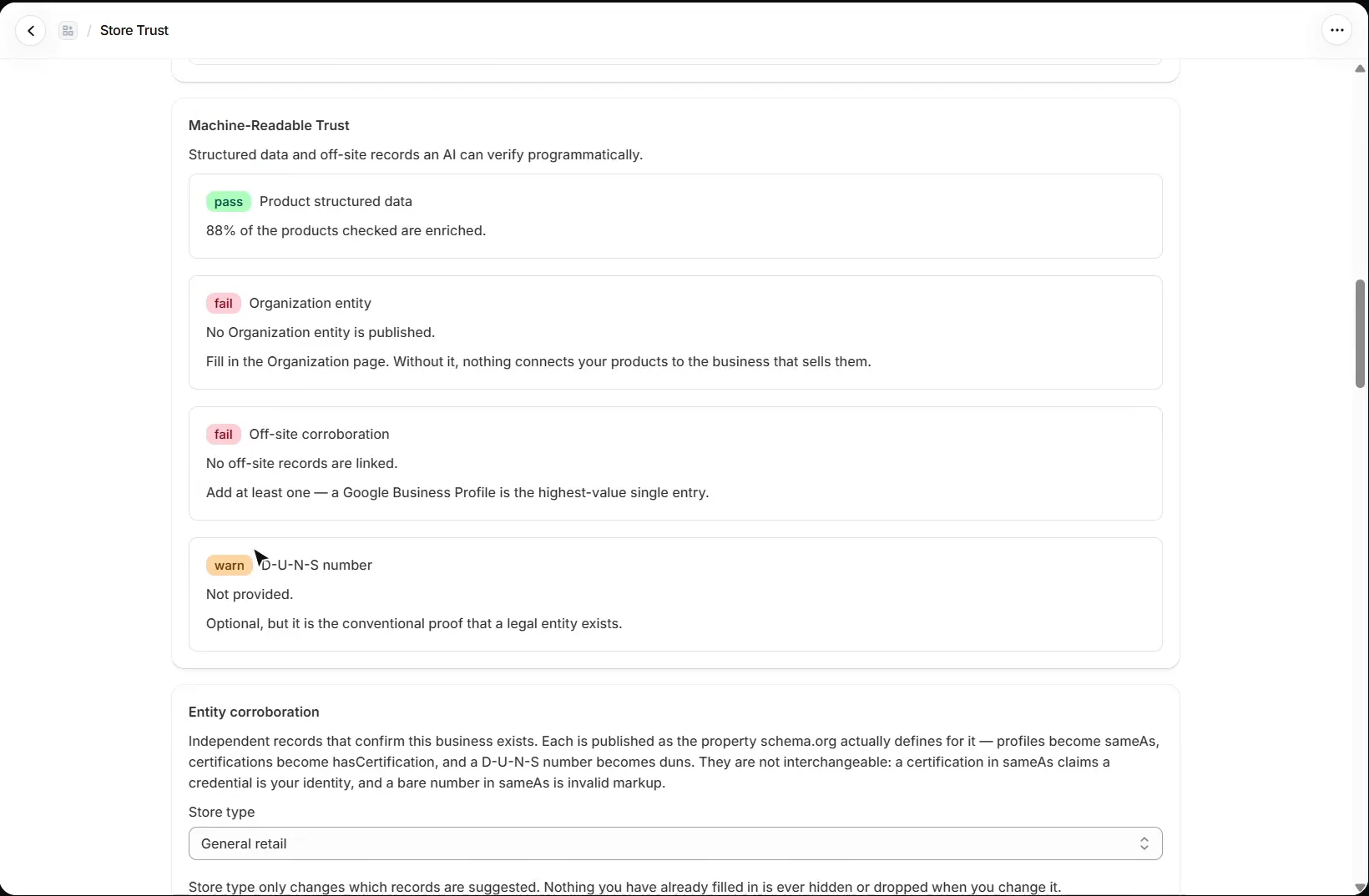 AEO Ultimate for Shopify Machine-Readable Trust checks: product structured data passing, Organization entity and off-site corroboration failing, D-U-N-S number as a warning, each with how to fix it