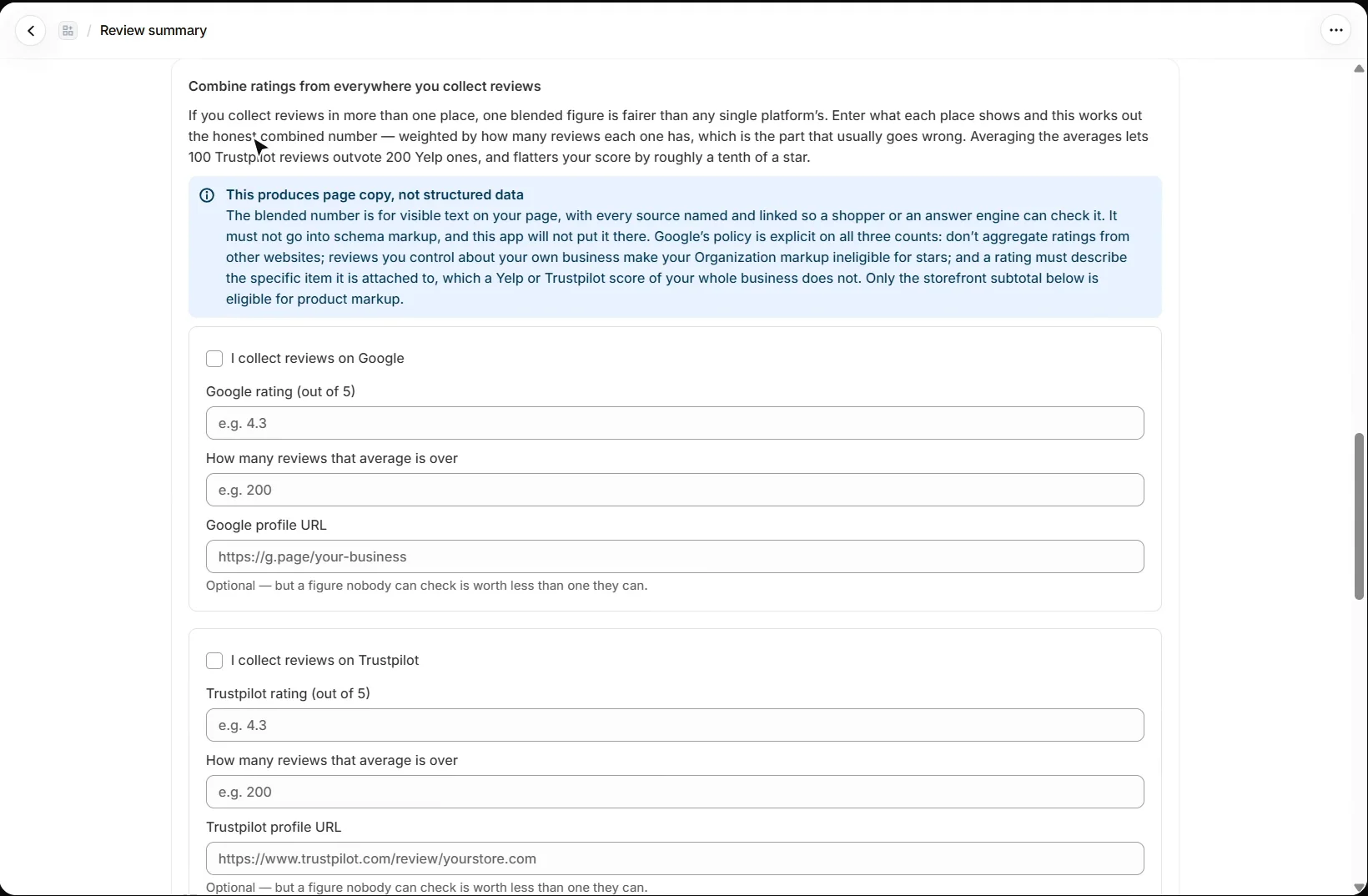 AEO Ultimate for Shopify Combine ratings from everywhere you collect reviews: a notice that this produces page copy, not structured data, and rating, review count and profile URL fields for Google and Trustpilot