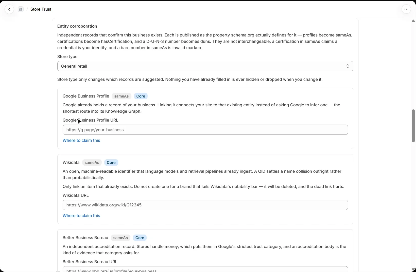 AEO Ultimate for Shopify Entity corroboration: store type, and Google Business Profile, Wikidata and Better Business Bureau fields, each labelled sameAs and Core, with Where to claim this links