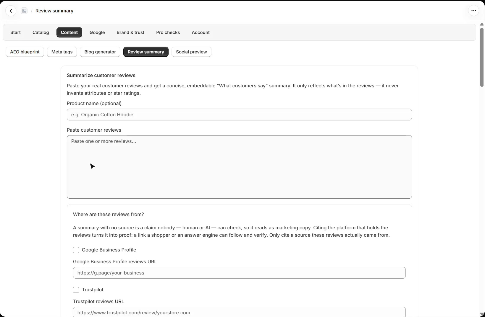 AEO Ultimate for Shopify Review summary: product name, a box to paste customer reviews, and Where are these reviews from with Google Business Profile and Trustpilot source options