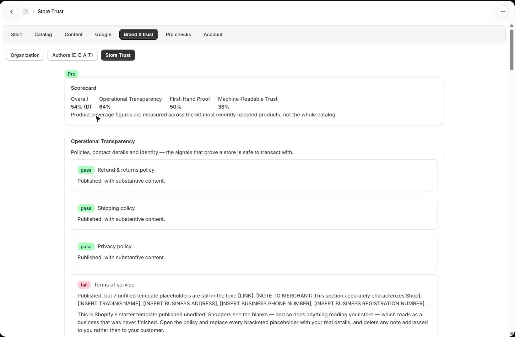 AEO Ultimate for Shopify Store Trust scorecard with an overall score and Operational Transparency, First-Hand Proof and Machine-Readable Trust scores, above policy checks with the terms of service failing for unfilled template placeholders