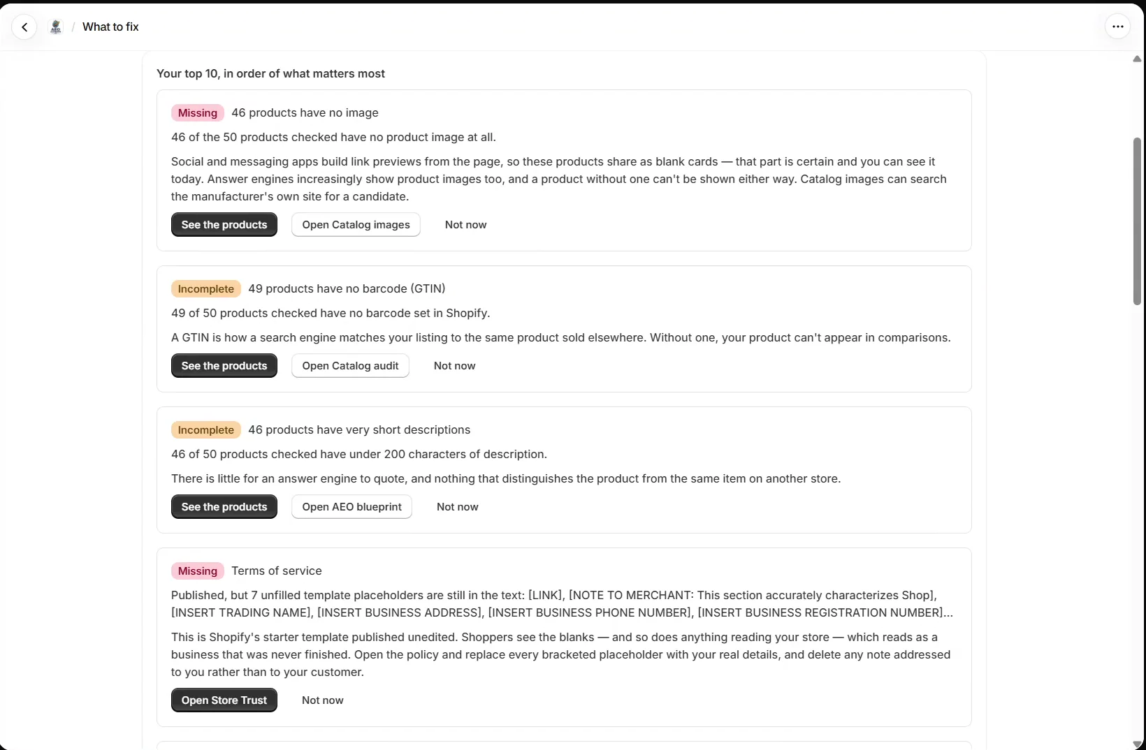 AEO Ultimate for Shopify What to fix screen showing the top findings ranked by severity: products with no image, products with no barcode, short descriptions and an unfinished terms of service