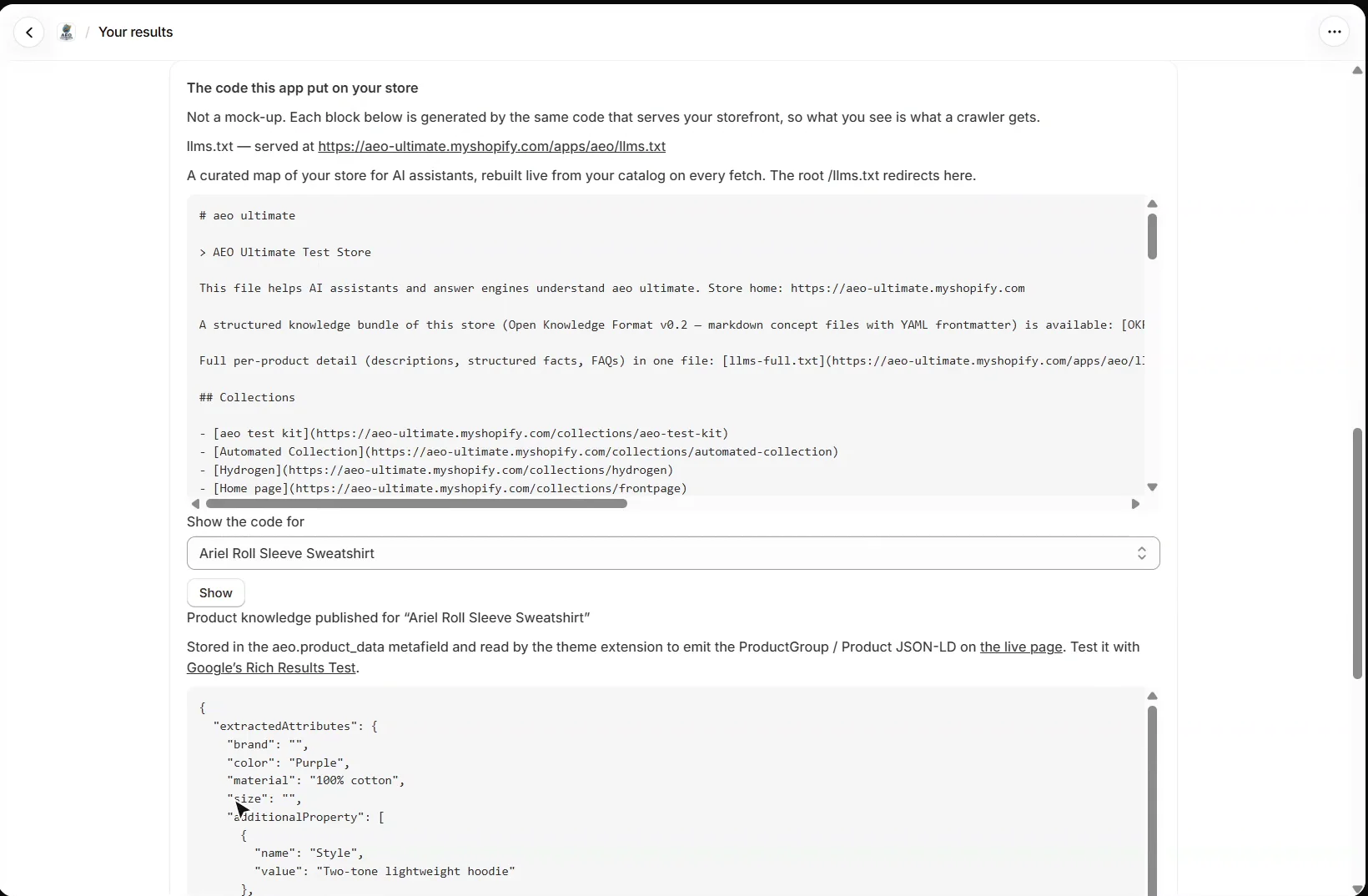 AEO Ultimate for Shopify Your results screen showing the llms.txt the app serves and the product knowledge stored for one product, with a link to Google Rich Results Test