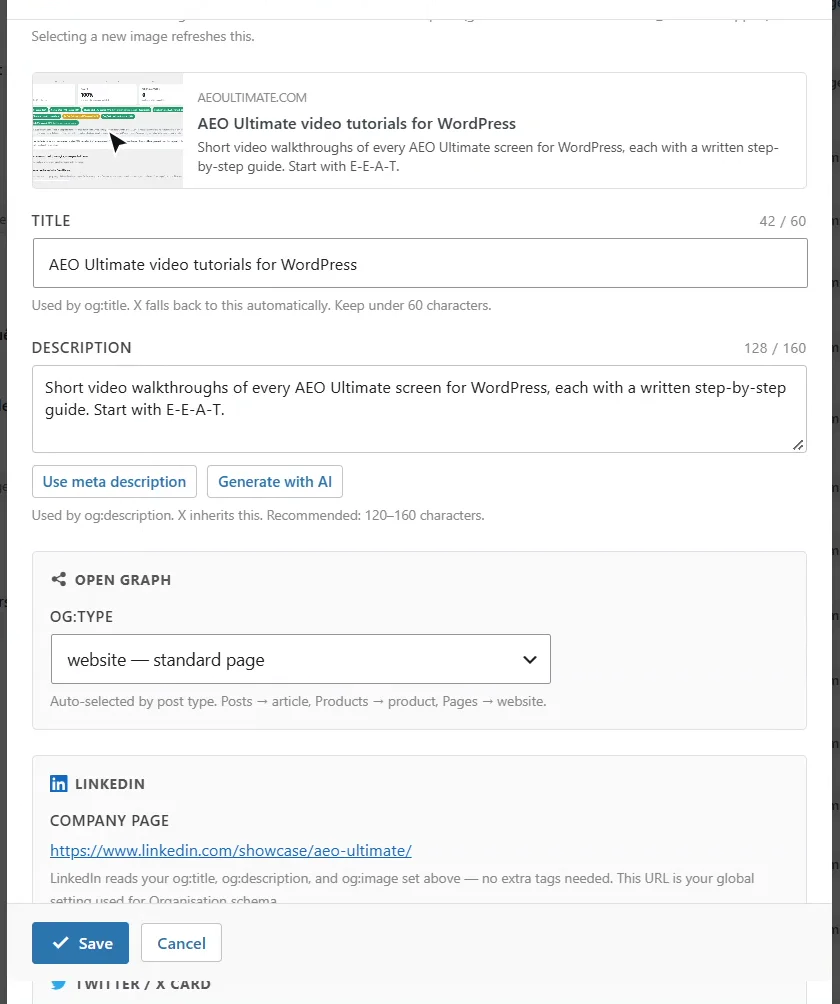 AEO Ultimate Social Graph editor with a 1200 by 630 share image, a live share-card preview, the title and the description