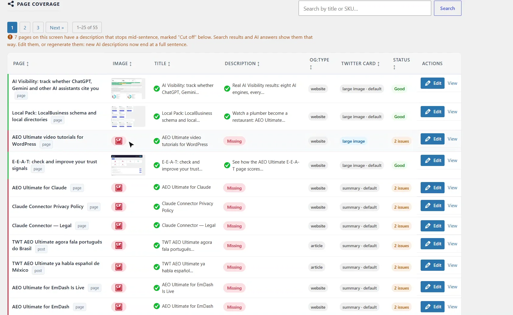 AEO Ultimate Social Graph page coverage table showing each page's share image, title, description, Open Graph type, X card and status