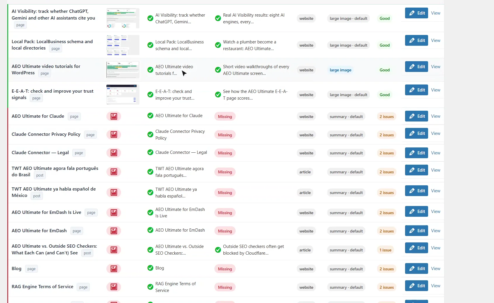 AEO Ultimate Social Graph table after saving, with the video tutorials page showing its share image, description and a Good status